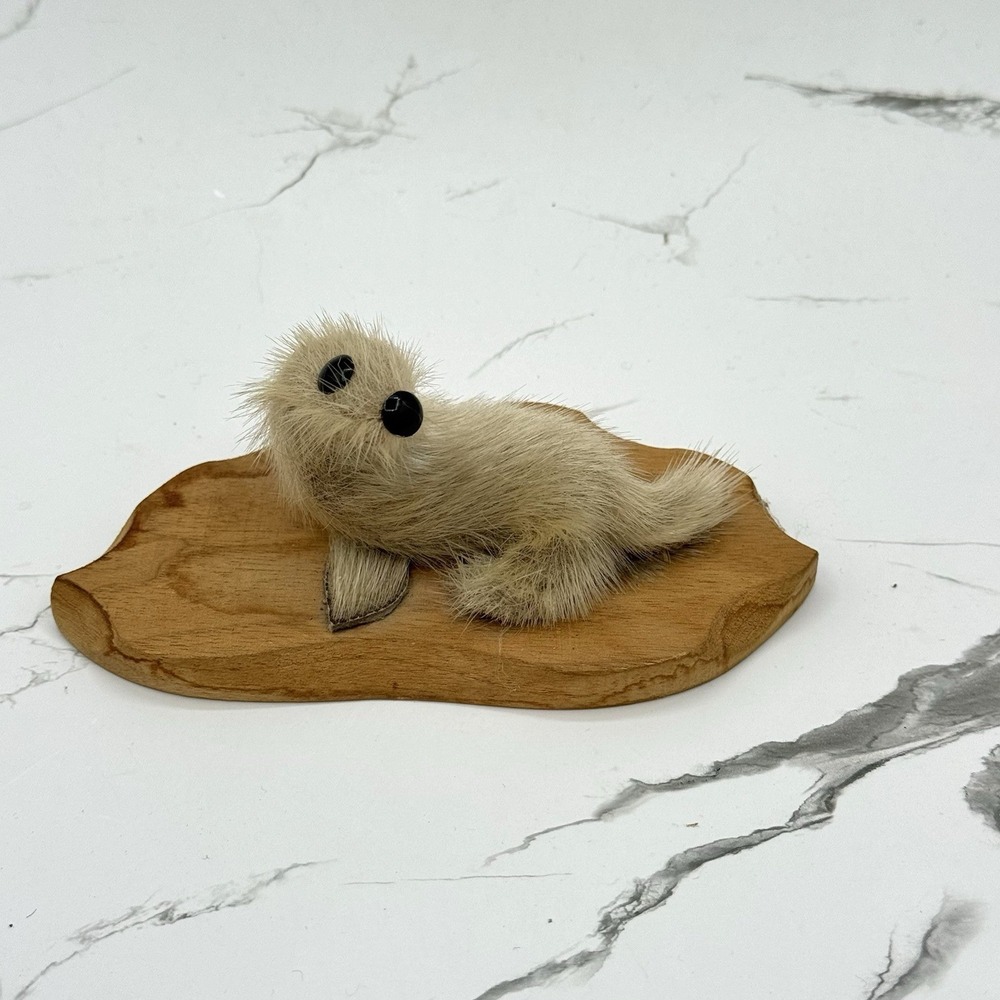 Seal Sea Lion Figure Inuit Hand-Made Real Fur Eskimo Souvenir Wood Base Vintage